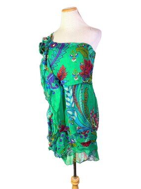 Rene Derhy Size S Green Ruffled One-Shoulder Dress Floral Paisley